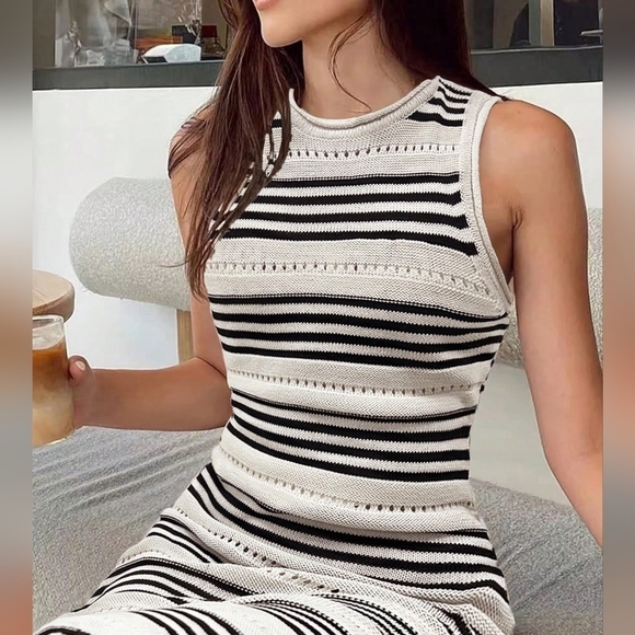 Dresses & Skirts - Women's Summer Striped Sleeveless Sweater Dress, Slim Fit Casual Round Neck